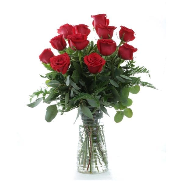 Elegant-Dozen-$59.99-12-roses,-assorted-greens,-8-9in-vase-Approx-18Hx14W
