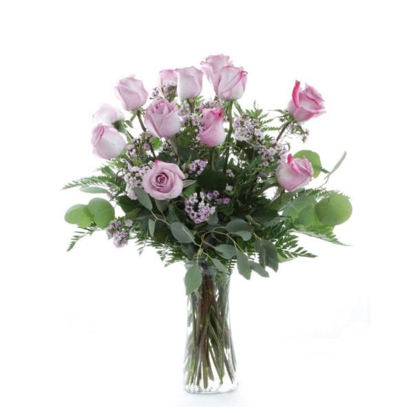Elegant-Purple-Dozen-$59.99-12-roses,-assorted-greens,-8-9in-vase-Approx-18Hx14W