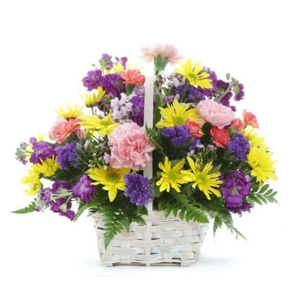 Joyful-Blooms-Basket-$39.99-Carnations,-Statice,-Stock,-Daisy-Poms,-Assorted-filler,-Assorted-greens,-6in-basket-(container-may-vary)-Approx-12Hx8W