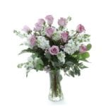 Lovely-Pastel-$69.99-12-roses,-Stock,-Wax-Flower,-Assorted-Greens,-10-in-Vase-(container-may-vary)-approx-18Hx10W
