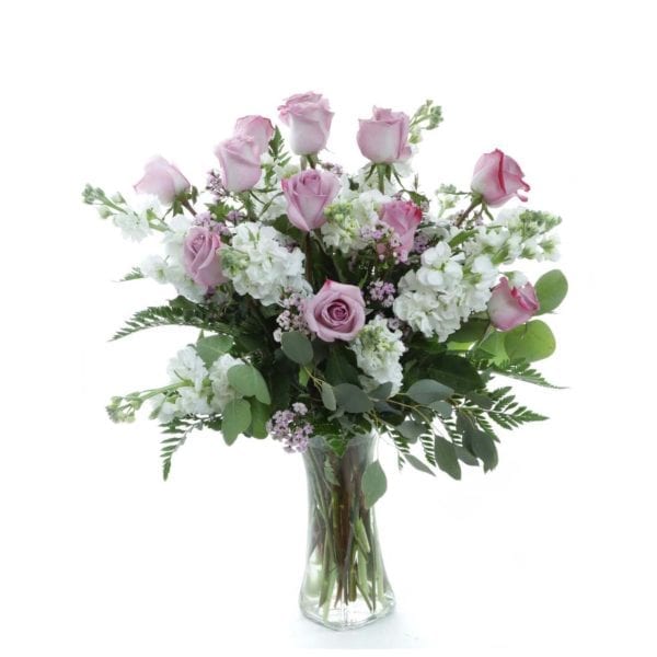 Lovely-Pastel-$69.99-12-roses,-Stock,-Wax-Flower,-Assorted-Greens,-10-in-Vase-(container-may-vary)-approx-18Hx10W