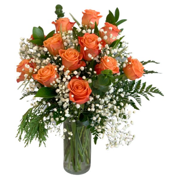 Orange Dozen Roses Vase
