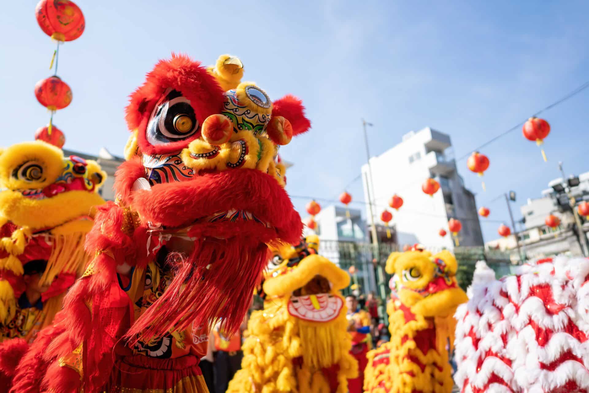 Dragon and lion dance show in chinese new year festival (Tet festival ).